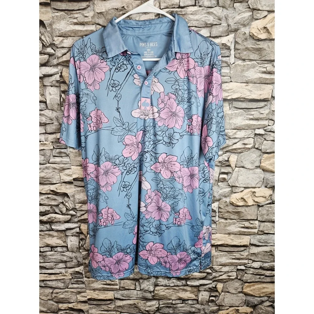 Pins & Aces Men's Short Sleeve Floral AOP Golf Polo Shirt Blue Large